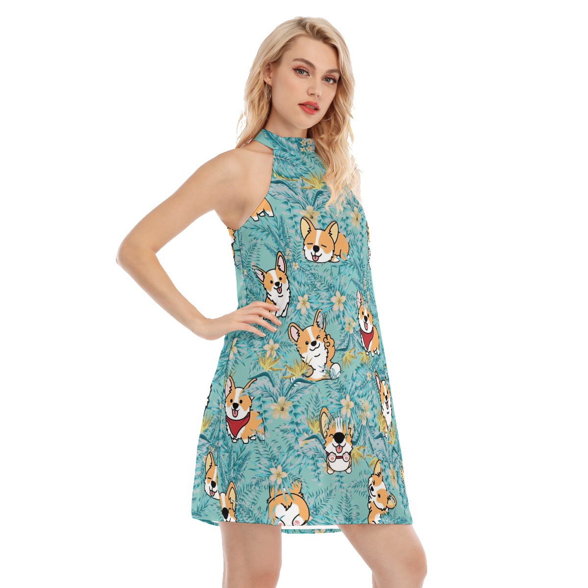 Corgi Neck Tie Tropical Hawaiian Dress