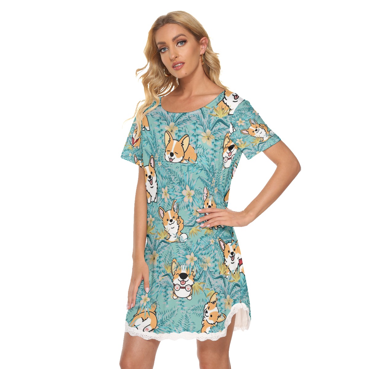 Blue Tropical Corgi Hawaiian Lace Dress