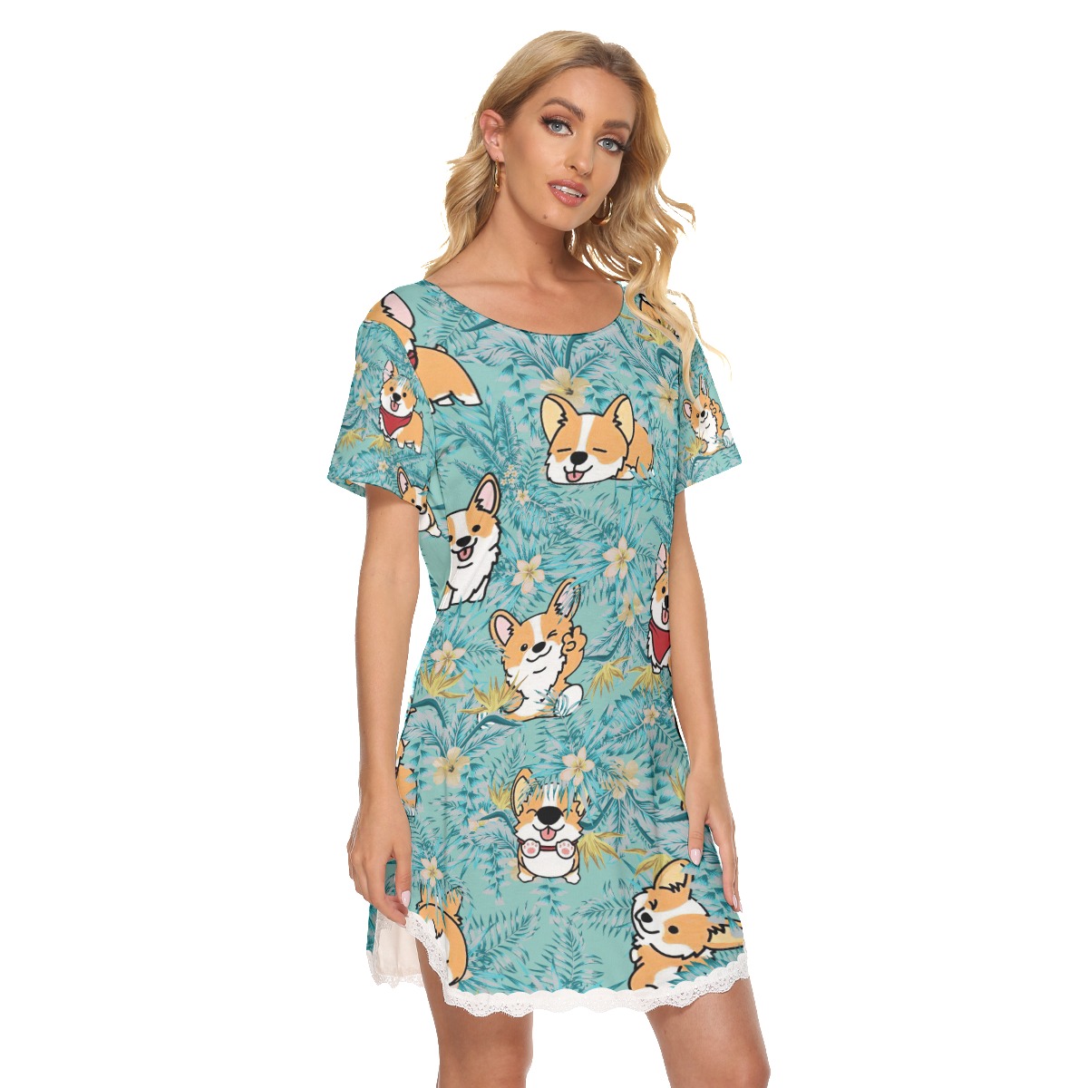 Blue Tropical Corgi Hawaiian Lace Dress