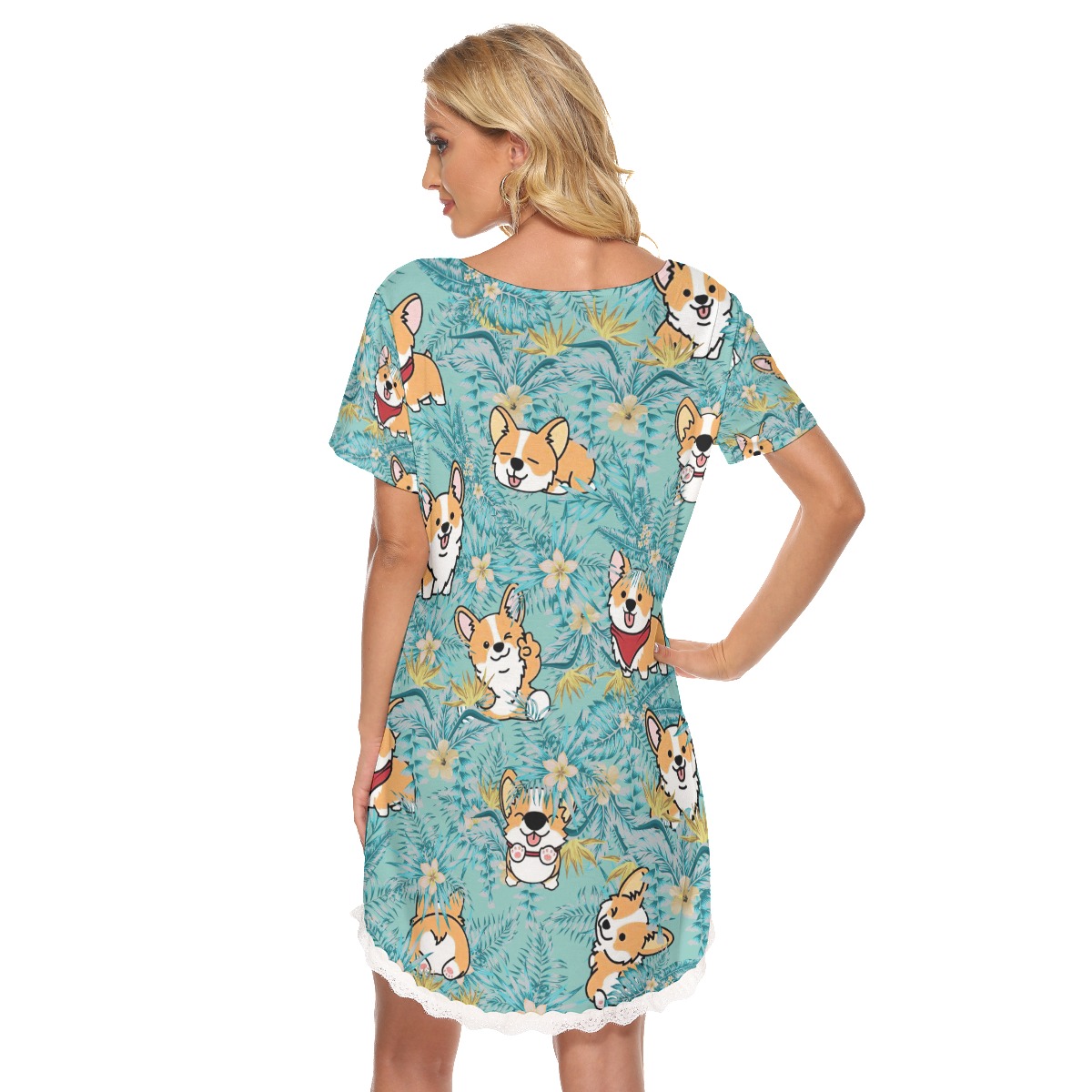 Blue Tropical Corgi Hawaiian Lace Dress