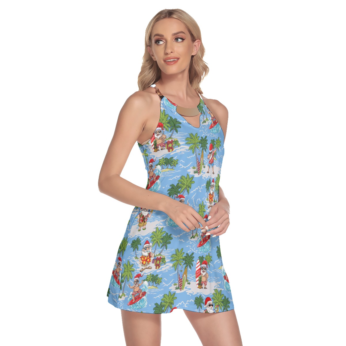 Santa Claus Surfing Beach Round Neck Hawaiian Dress