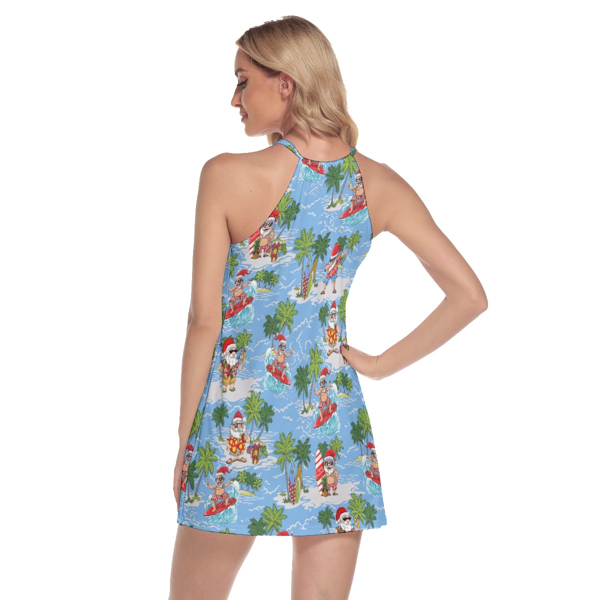 Santa Claus Surfing Beach Round Neck Hawaiian Dress