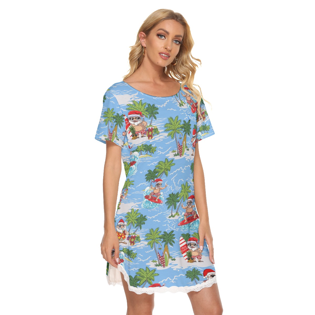 Funny Santa Surfer Hawaiian Beach Dress With Lace Edge