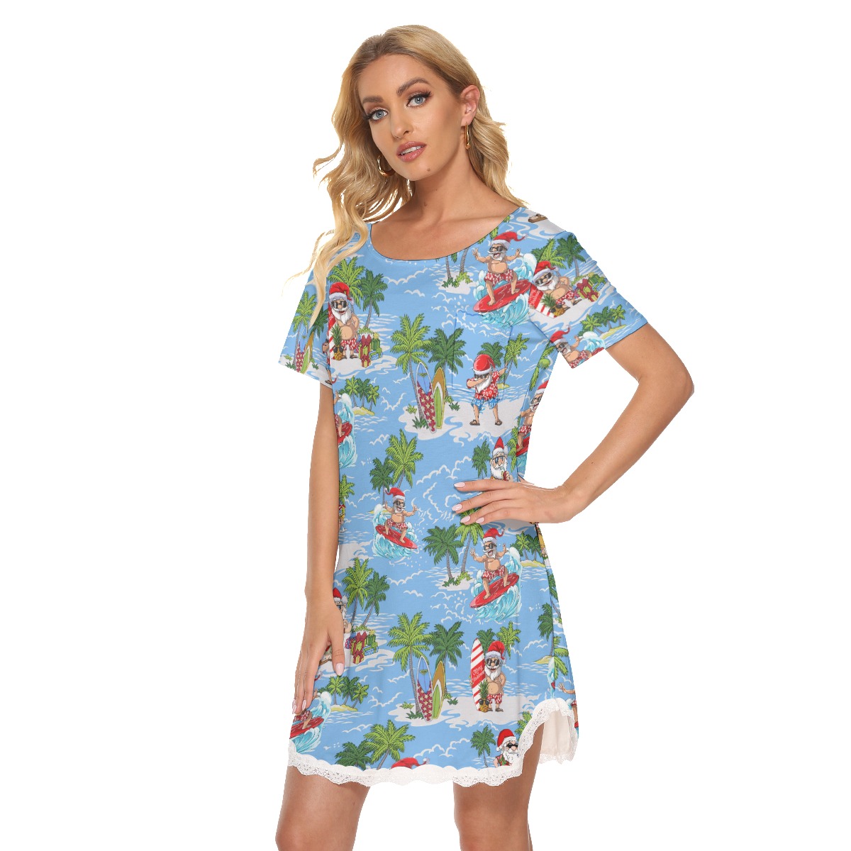 Funny Santa Surfer Hawaiian Beach Dress With Lace Edge