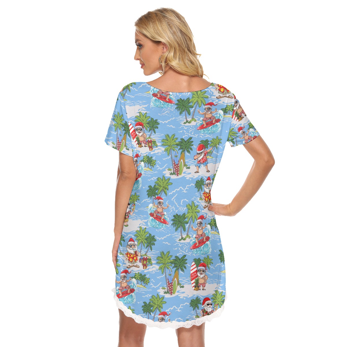 Funny Santa Surfer Hawaiian Beach Dress With Lace Edge