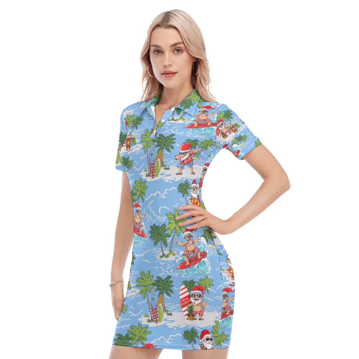 Funny Santa Surfing Polo Hawaiian Dress For Women