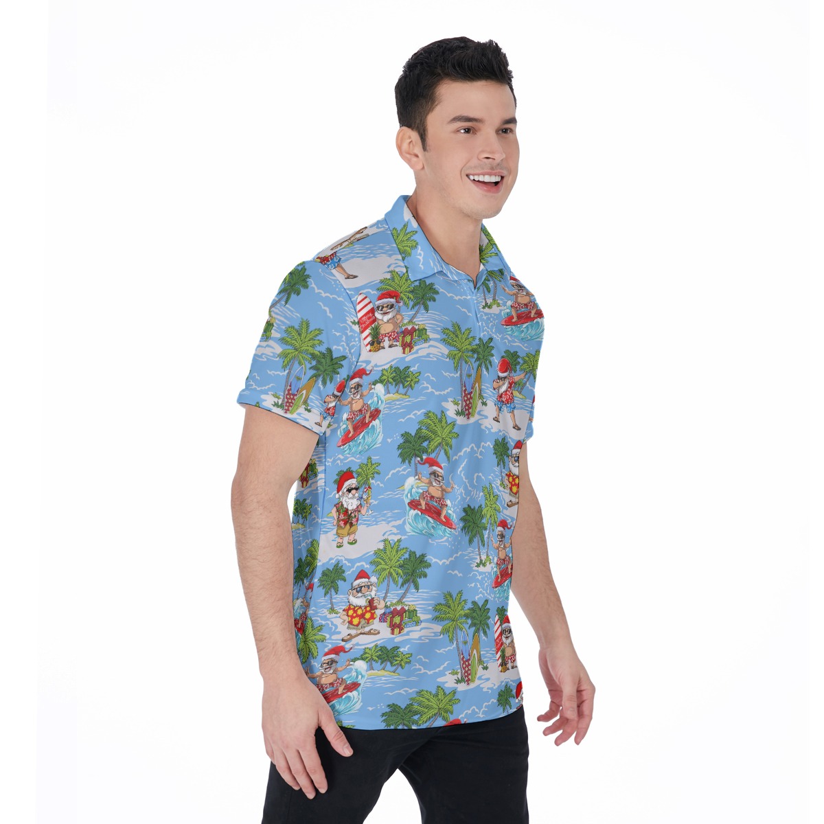 Funny Santa Surfing Hawaiian Polo Shirt