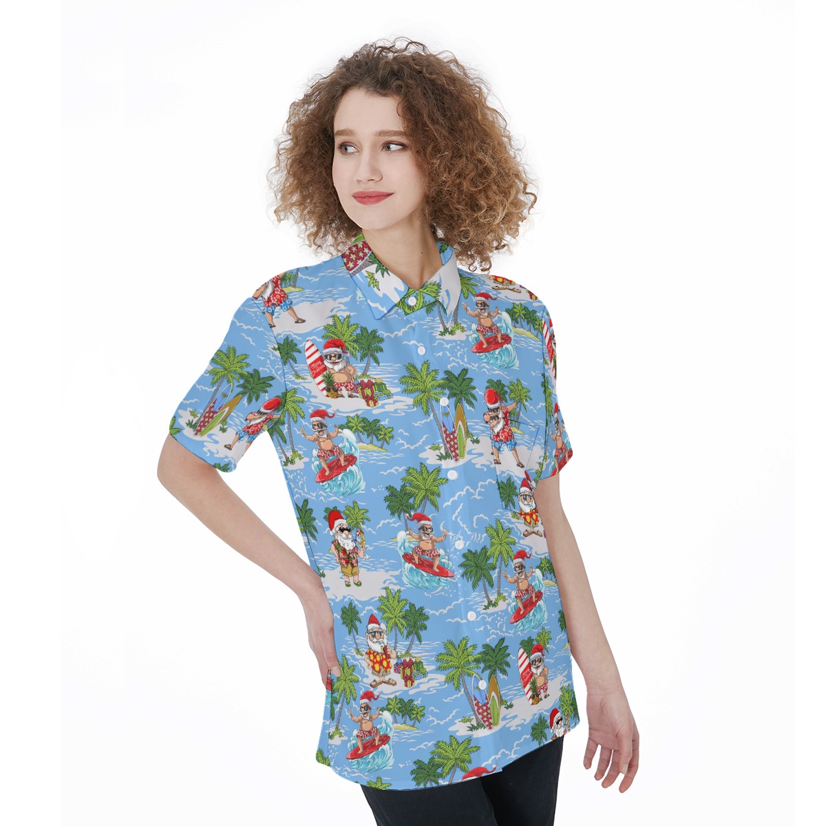 Cool Surfing Santa Hawaiian Shirt For Women
