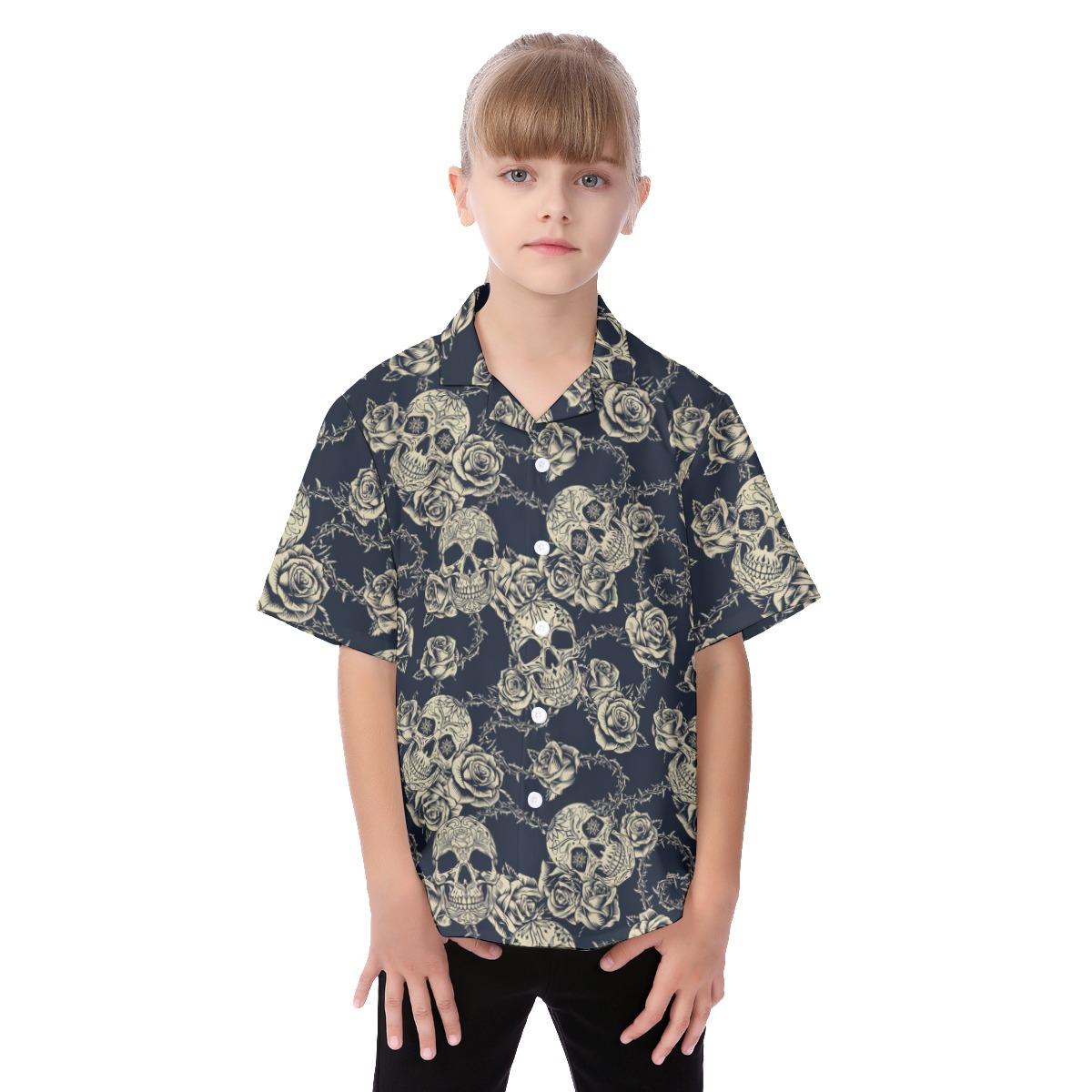 Skull Black Kid's Hawaiian Shirt - variant image 1