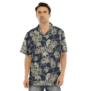Goth Black Hawaiian Shirt | Day Of The Dead Button Up Shirt For Men