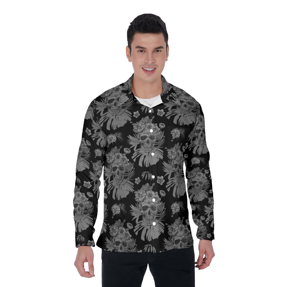 Skull Black Long Sleeve Hawaiian Shirt For Men - variant image 1