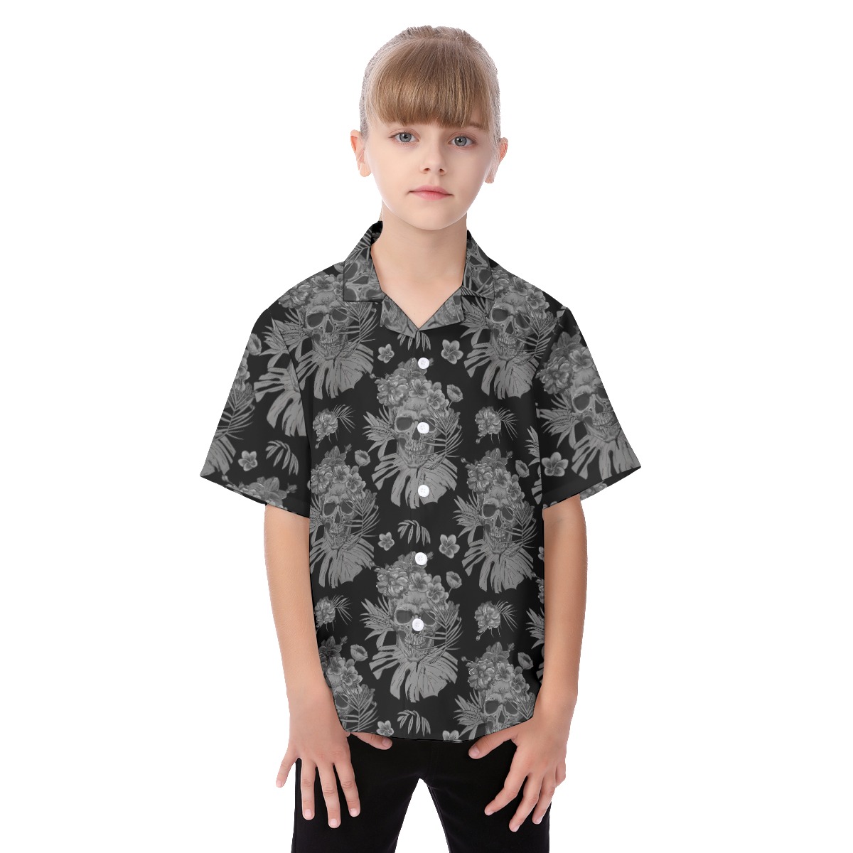Skull Floral Hawaiian Shirt For Kids | Day Of The Dead Hawaiian Shirt - variant image 1