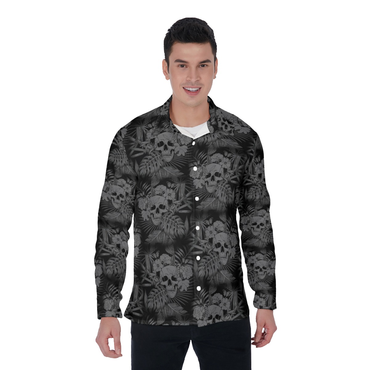 Skull Long Sleeve Hawaiian Shirt For Men - variant image 1