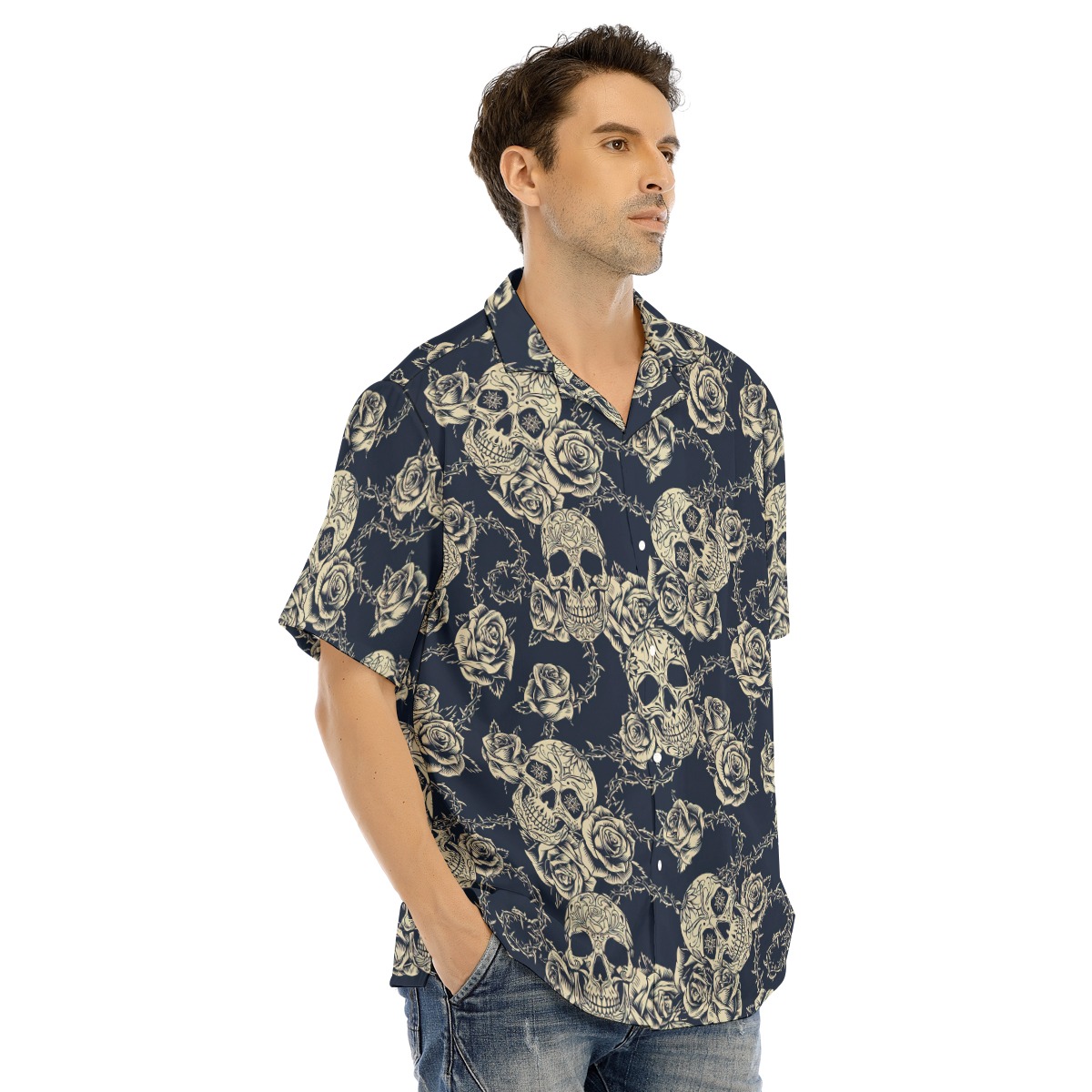 Goth Black Hawaiian Shirt | Day Of The Dead Button Up Shirt For Men