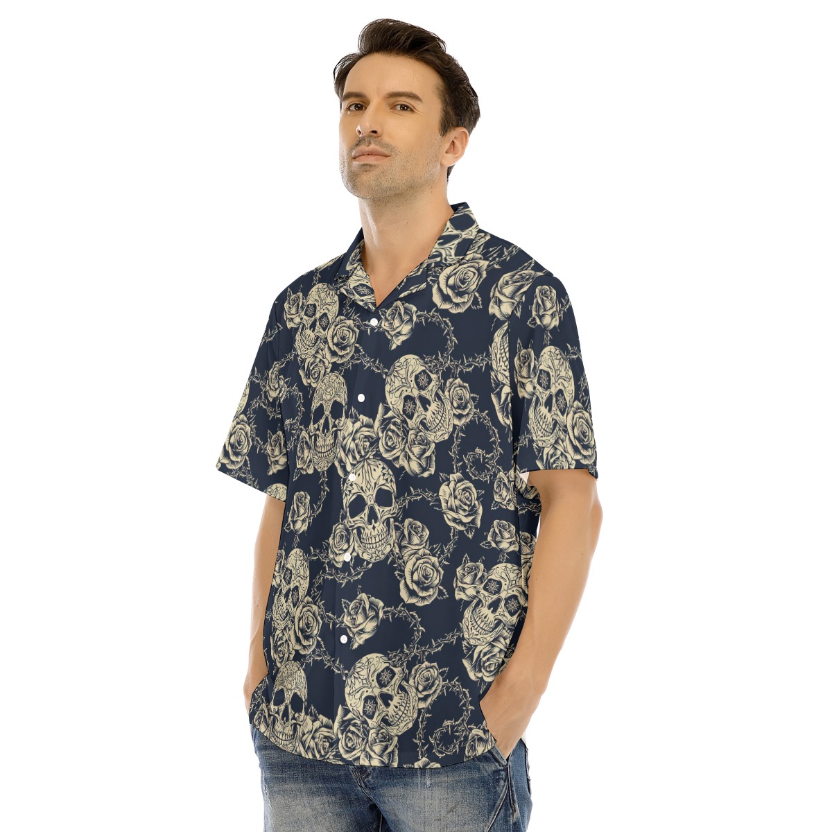 Goth Black Hawaiian Shirt | Day Of The Dead Button Up Shirt For Men