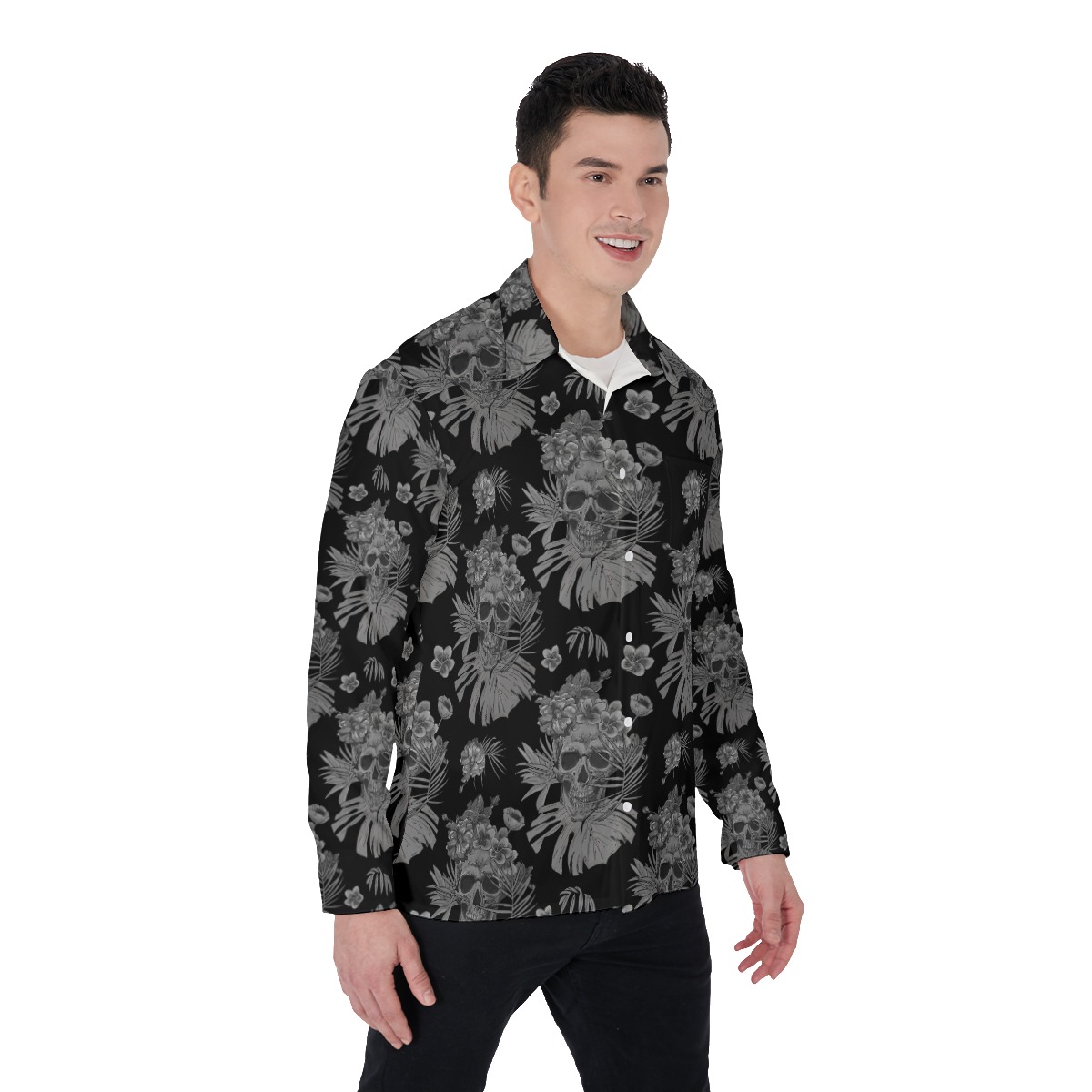 Skull Black Long Sleeve Hawaiian Shirt For Men
