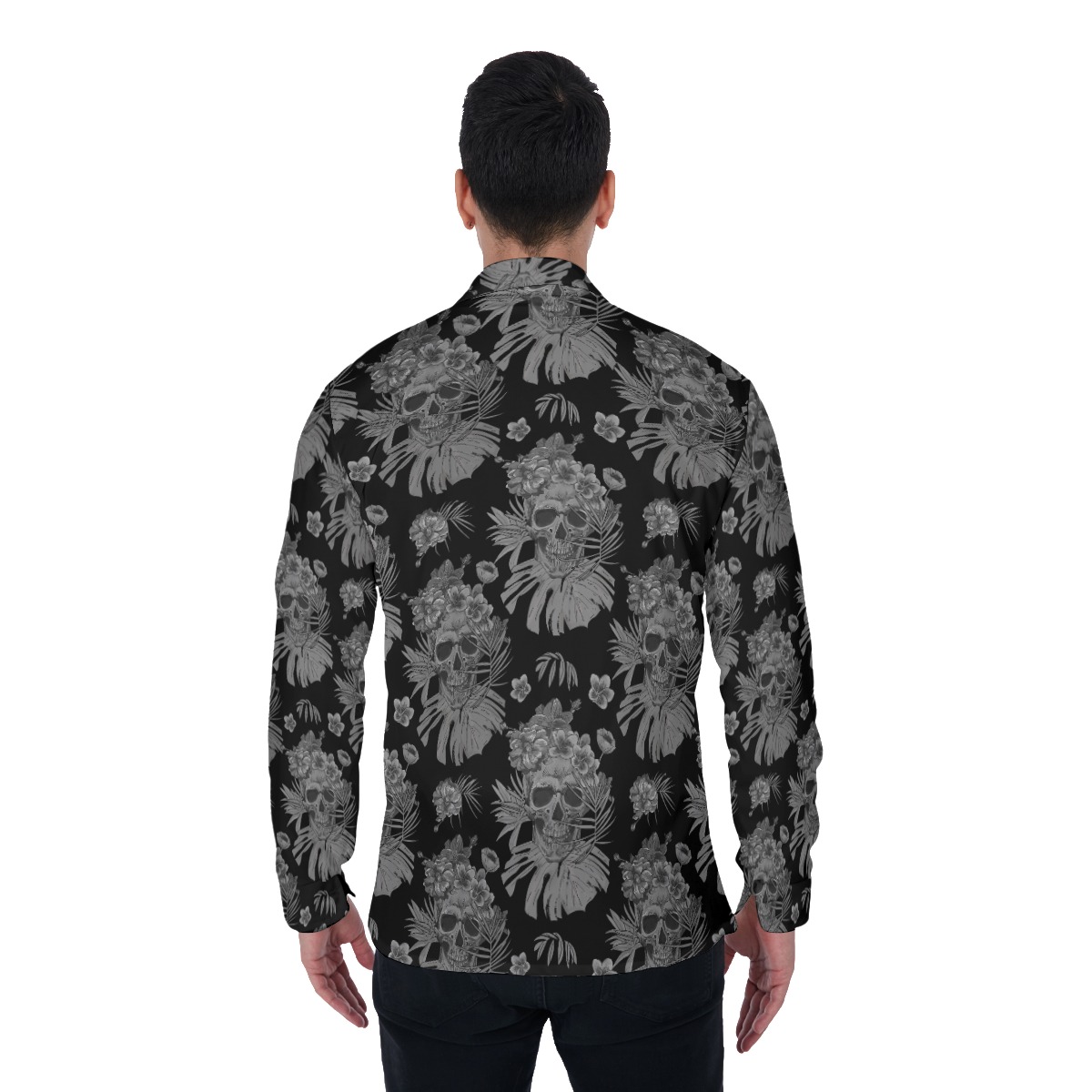 Skull Black Long Sleeve Hawaiian Shirt For Men