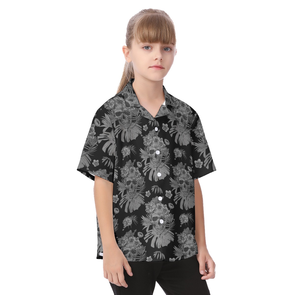 Skull Floral Hawaiian Shirt For Kids | Day Of The Dead Hawaiian Shirt