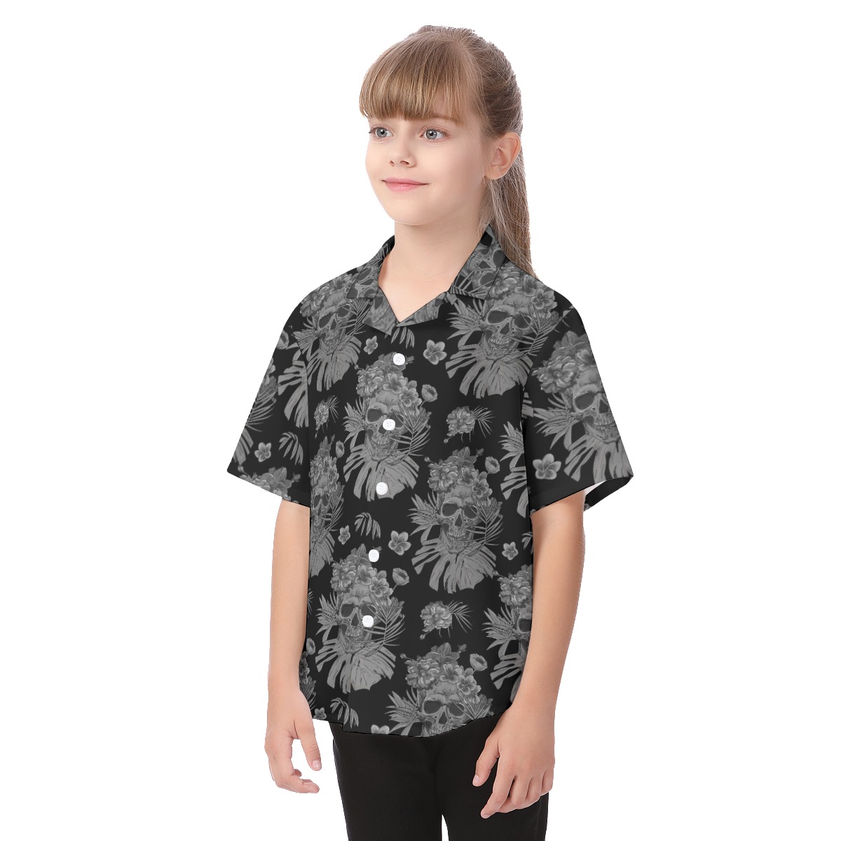 Skull Floral Hawaiian Shirt For Kids | Day Of The Dead Hawaiian Shirt