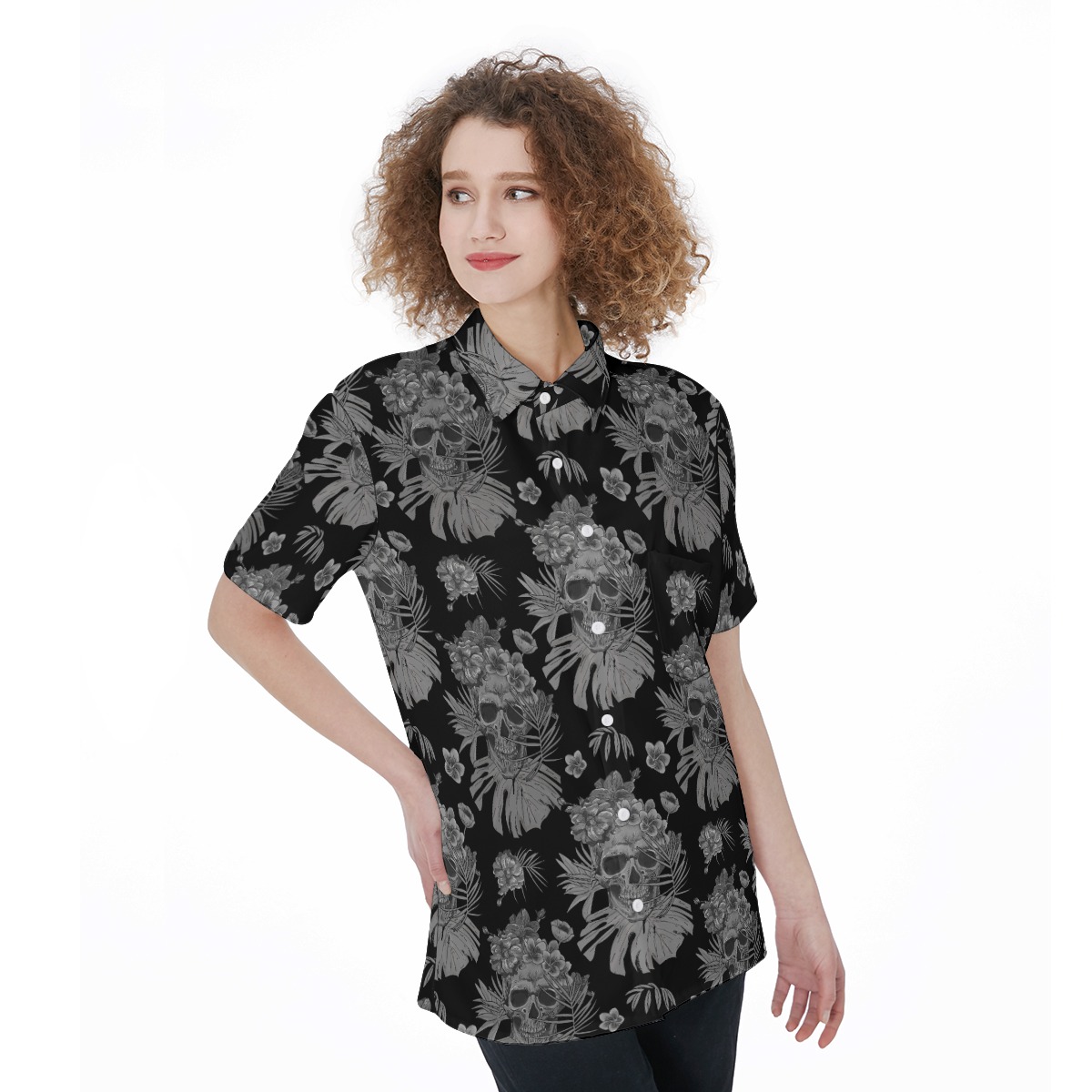 Skull Hawaiian Button Up Shirt With Pockets