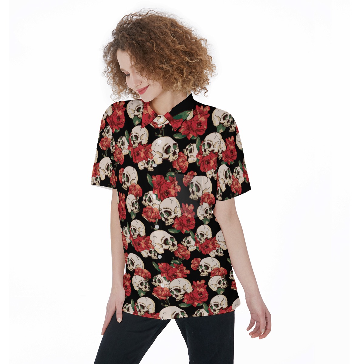 Goth Women's Hawaiian Shirt | Unique Skull Floral Aloha Shirt - variant image 1