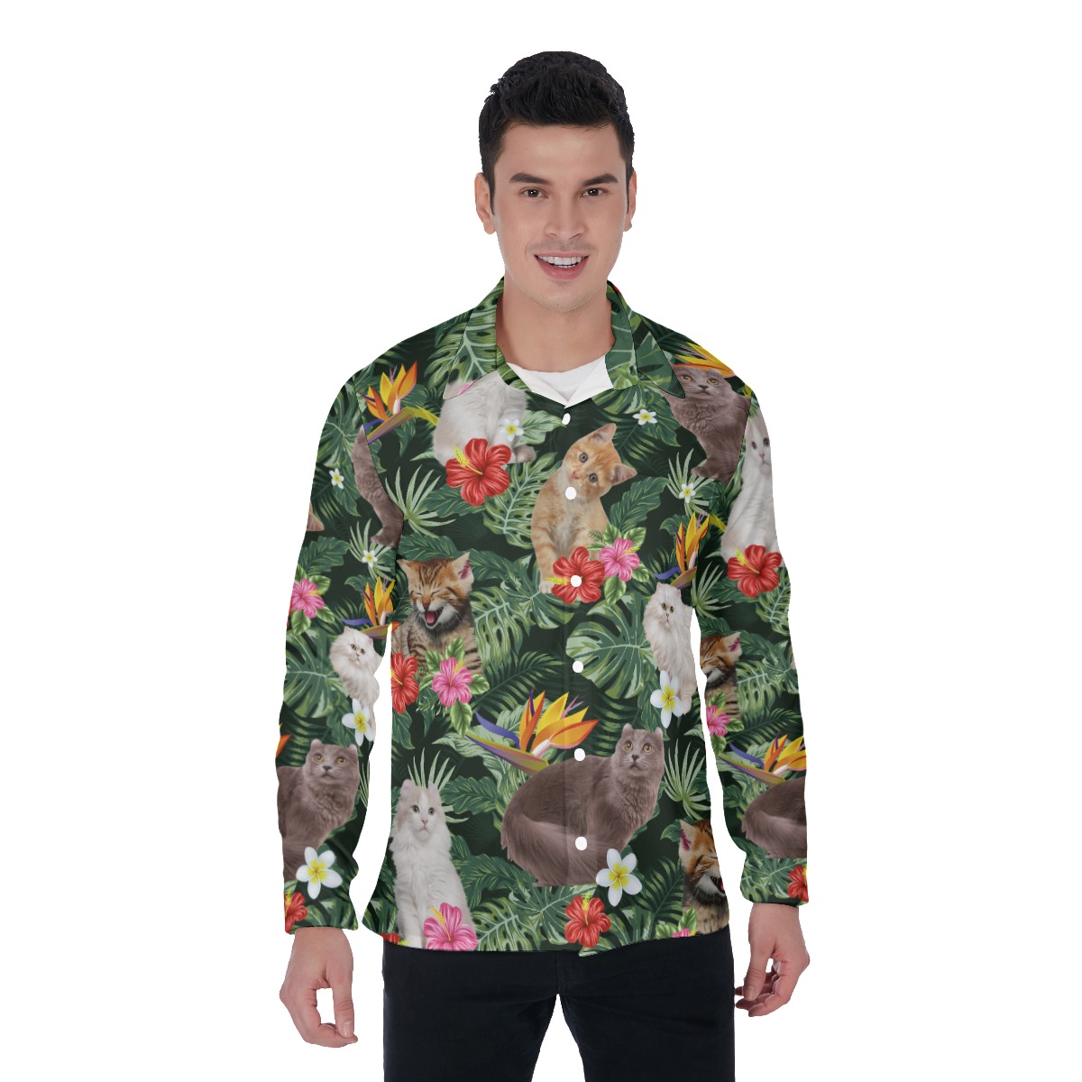 Cat Long Sleeve Hawaiian Shirt For Men - variant image 1