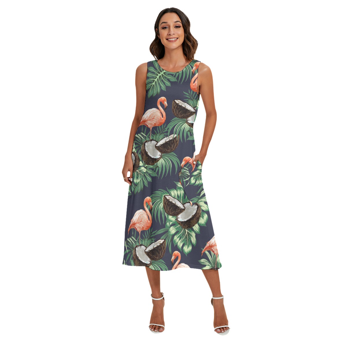 Women's Pink Flamingo Coconut Aloha Dress With Pockets - variant image 1