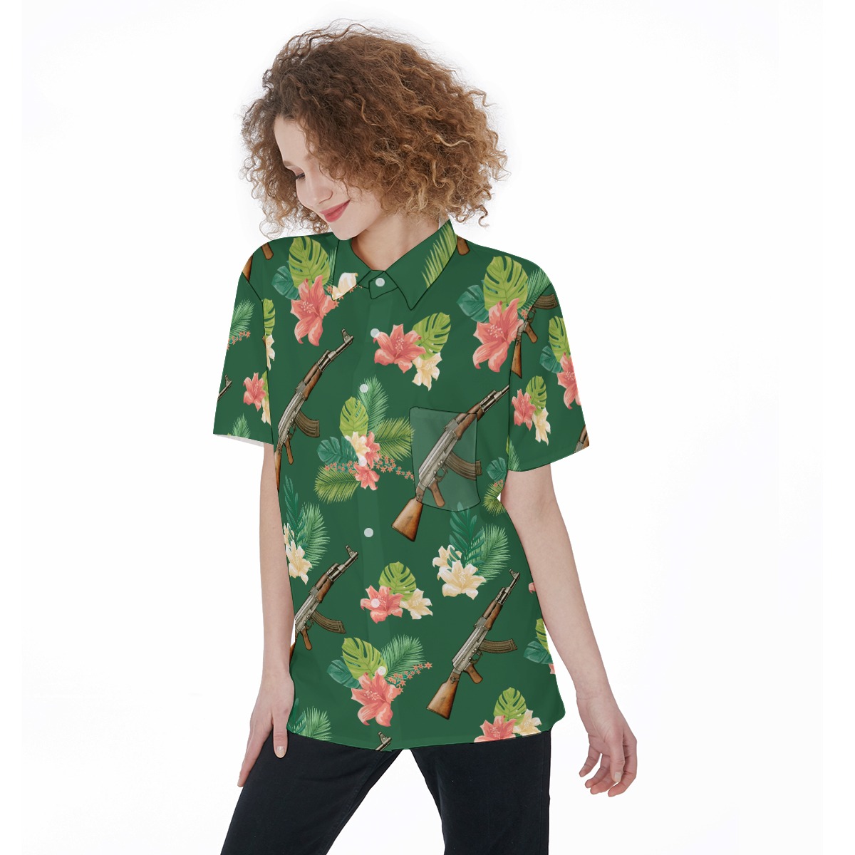 Gun Hawaiian Button Up Shirt For Women - variant image 1