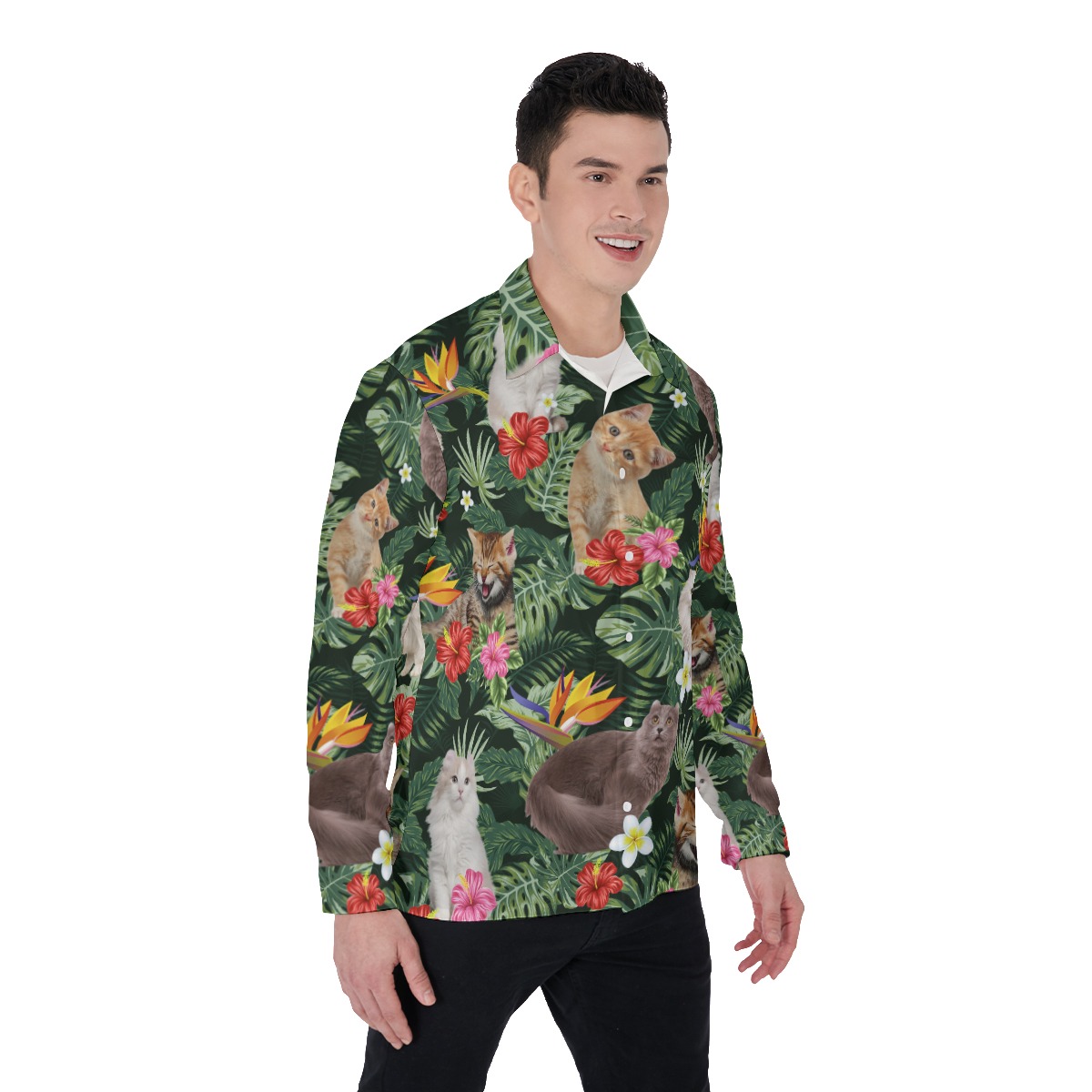 Cat Long Sleeve Hawaiian Shirt For Men