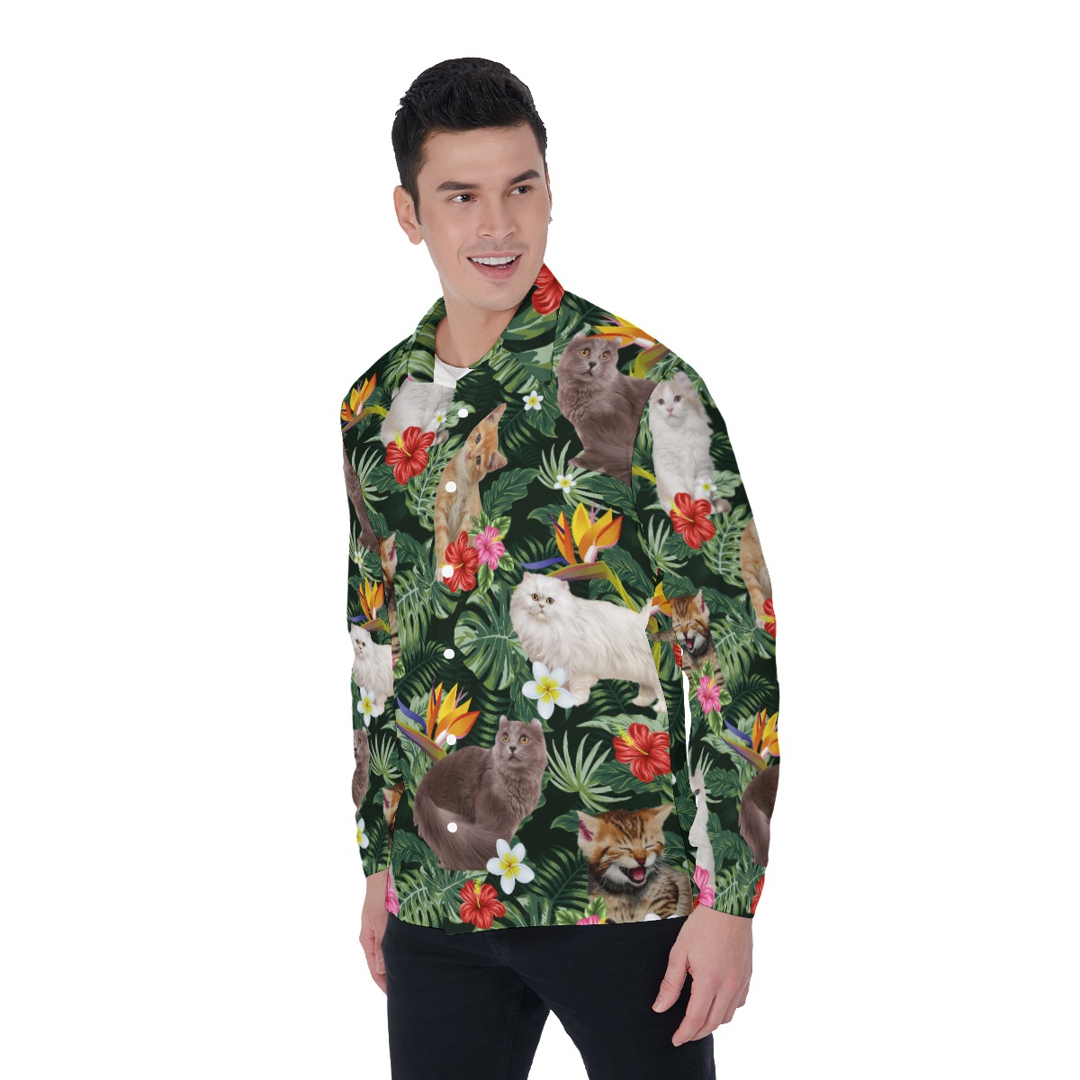 Cat Long Sleeve Hawaiian Shirt For Men