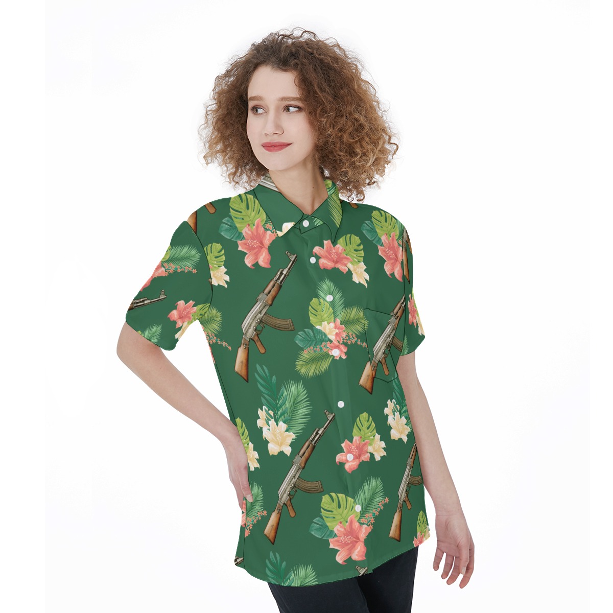 Gun Hawaiian Button Up Shirt For Women