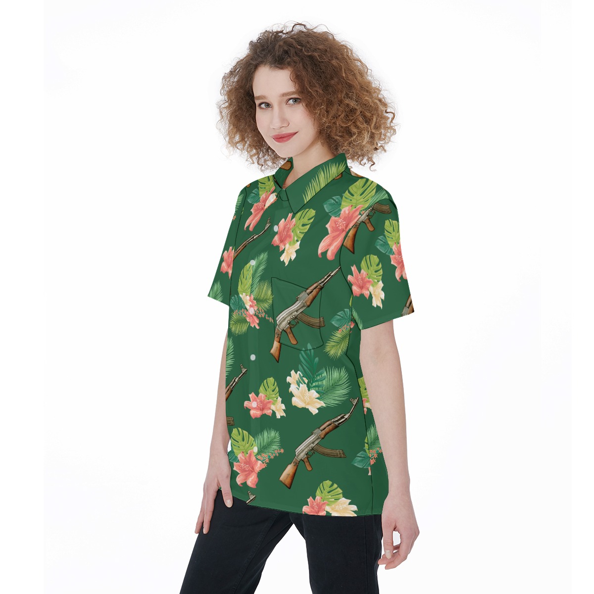 Gun Hawaiian Button Up Shirt For Women