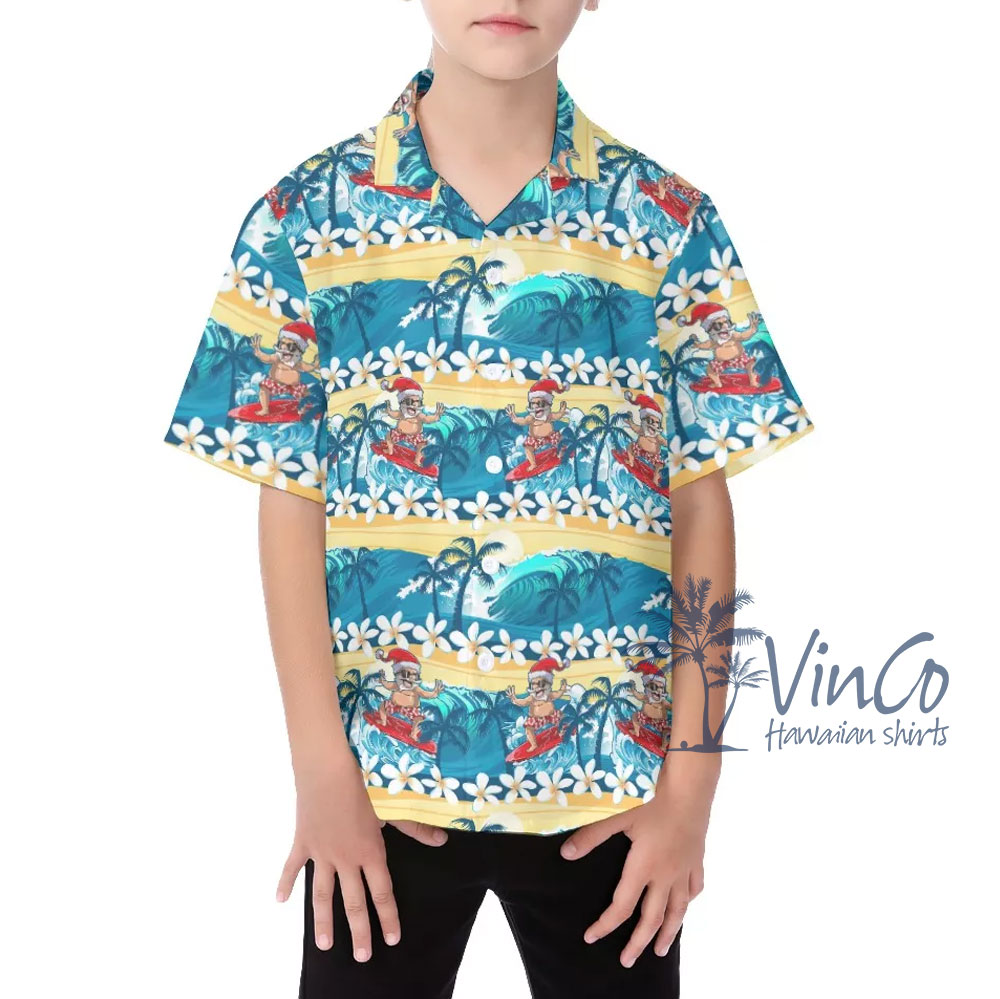 Funny Santa Clause Surfing Wave Tropical Shirt For Kids