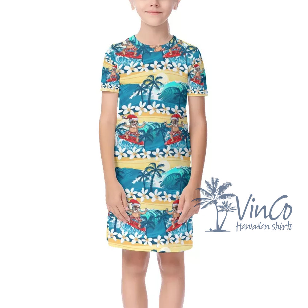 Funny Santa Clause Surfing Wave Tropical Shirt For Kids