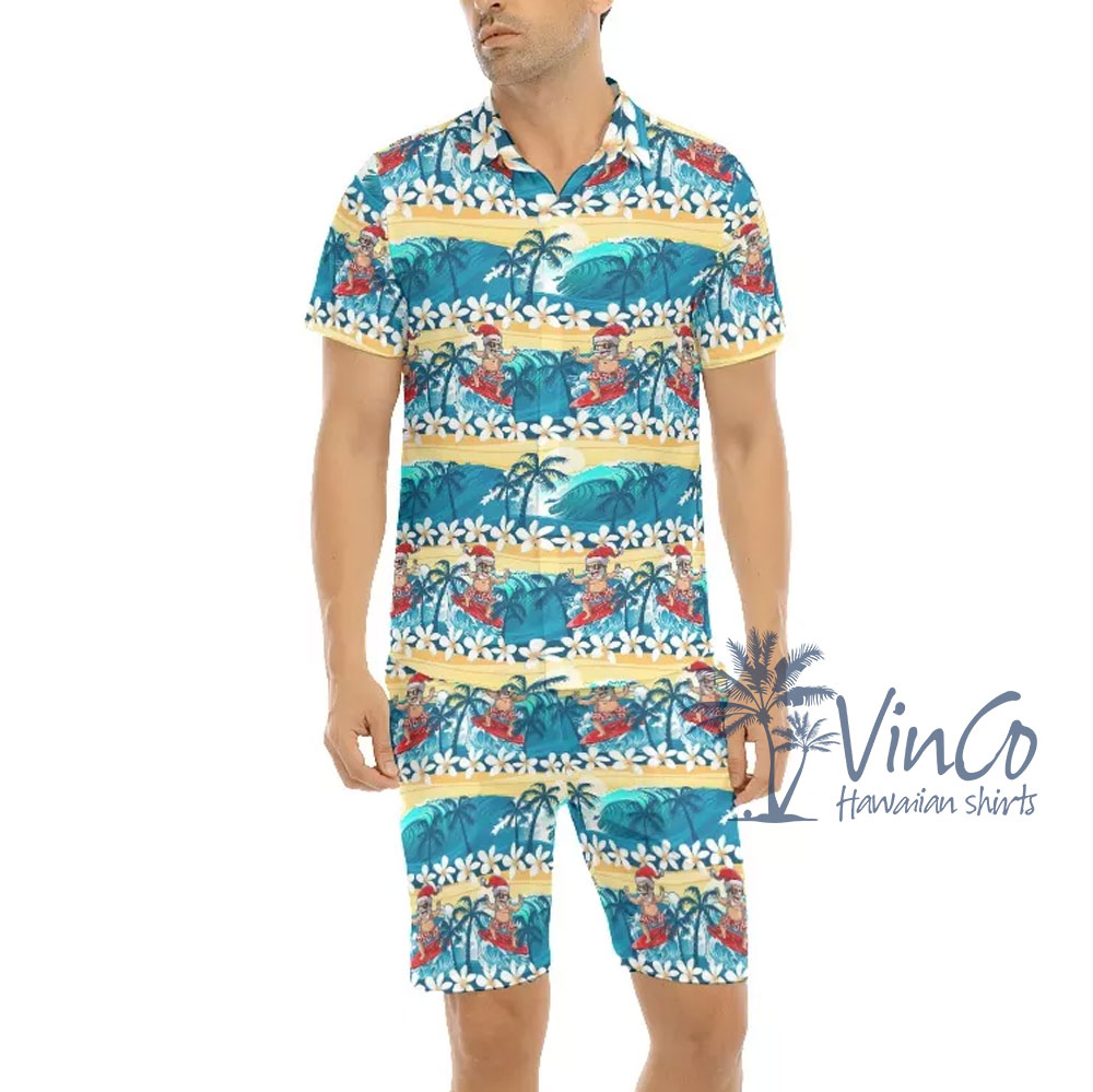 Floral Santa Clause Summer Blue Hawaiian Shirt