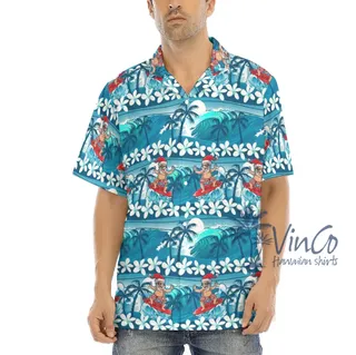 Santa Surfing Wave Blue Hawaiian Shirt For Men