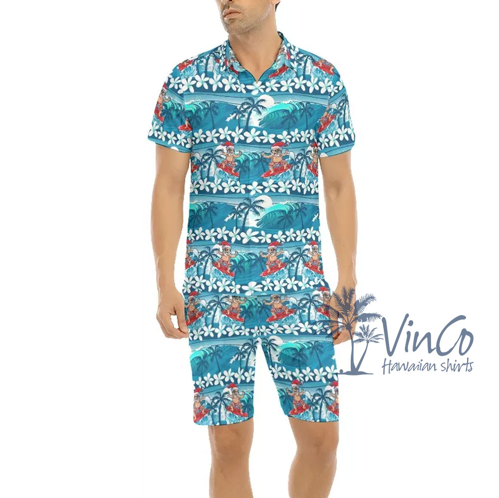 Santa Surfing Wave Blue Hawaiian Shirt For Men