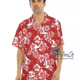 Red Surfing Aloha Shirt Set For Men