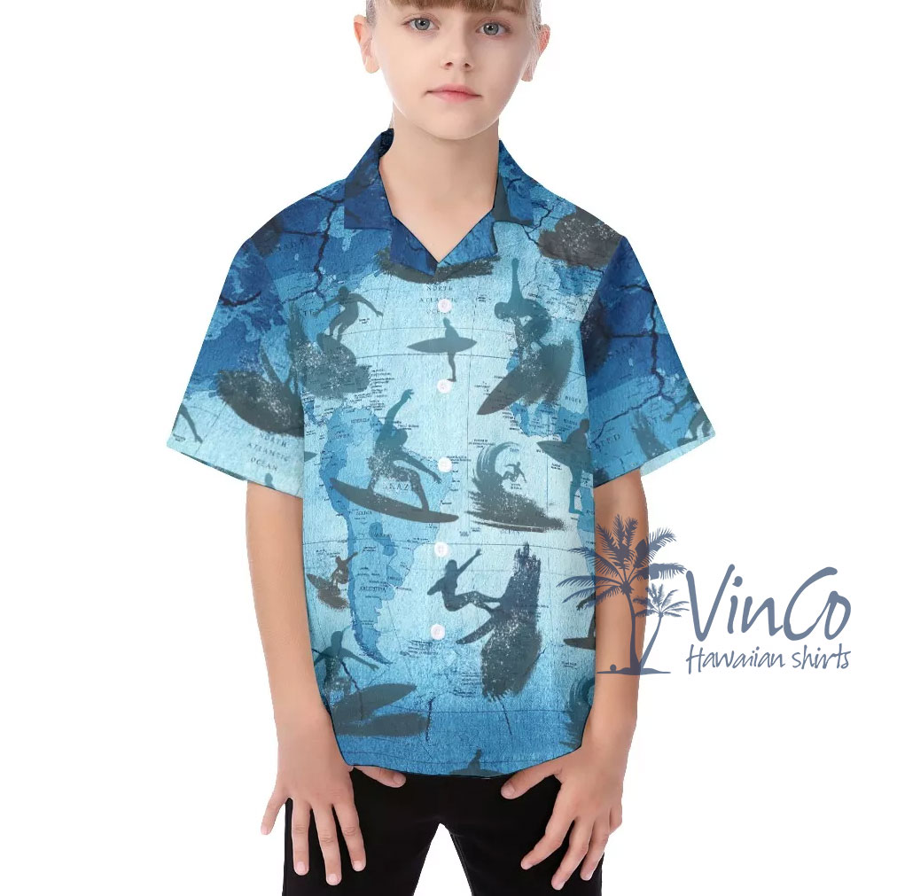 Cool Surfing Map Blue Hawaiian Shirt For Kids - variant image 1
