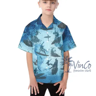 Cool Surfing Map Blue Hawaiian Shirt For Kids