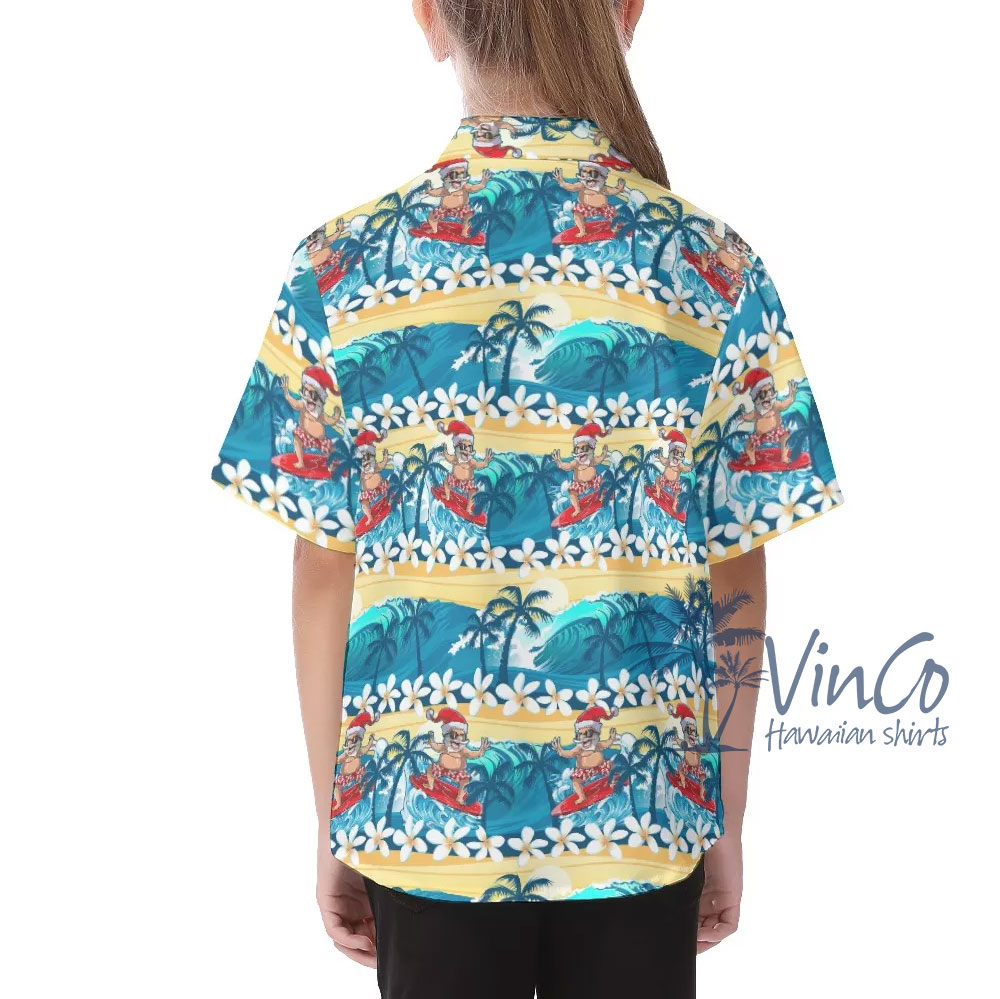 Funny Santa Clause Surfing Wave Tropical Shirt For Kids