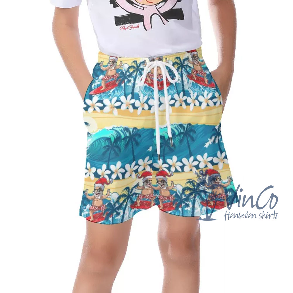 Funny Santa Clause Surfing Wave Tropical Shirt For Kids - variant image 1