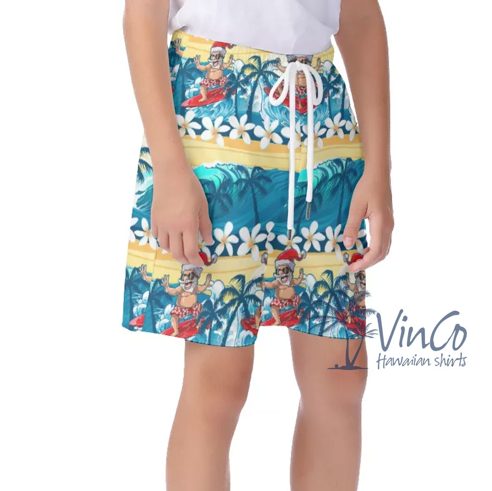 Funny Santa Clause Surfing Wave Tropical Shirt For Kids