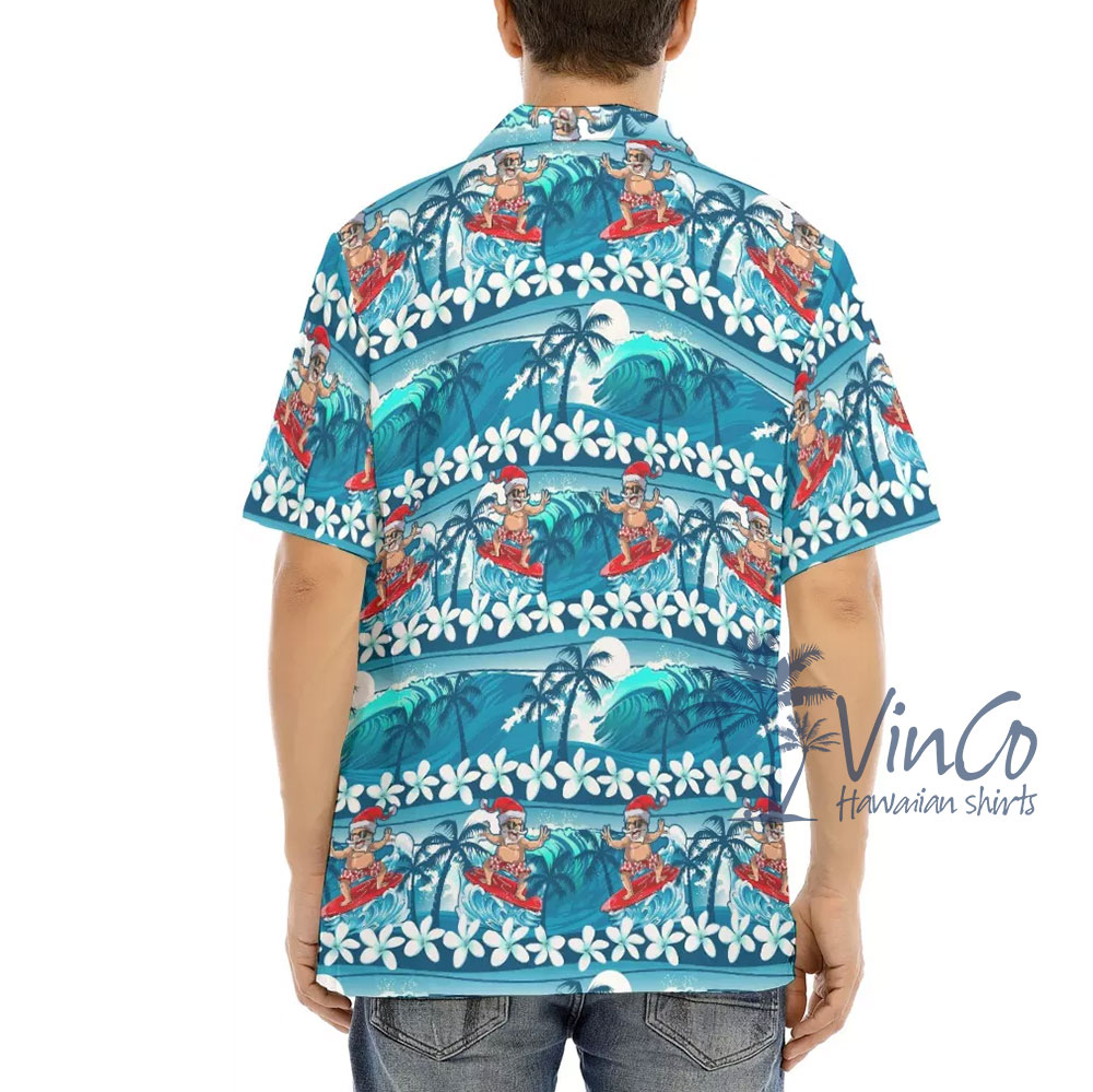 Santa Surfing Wave Blue Hawaiian Shirt For Men