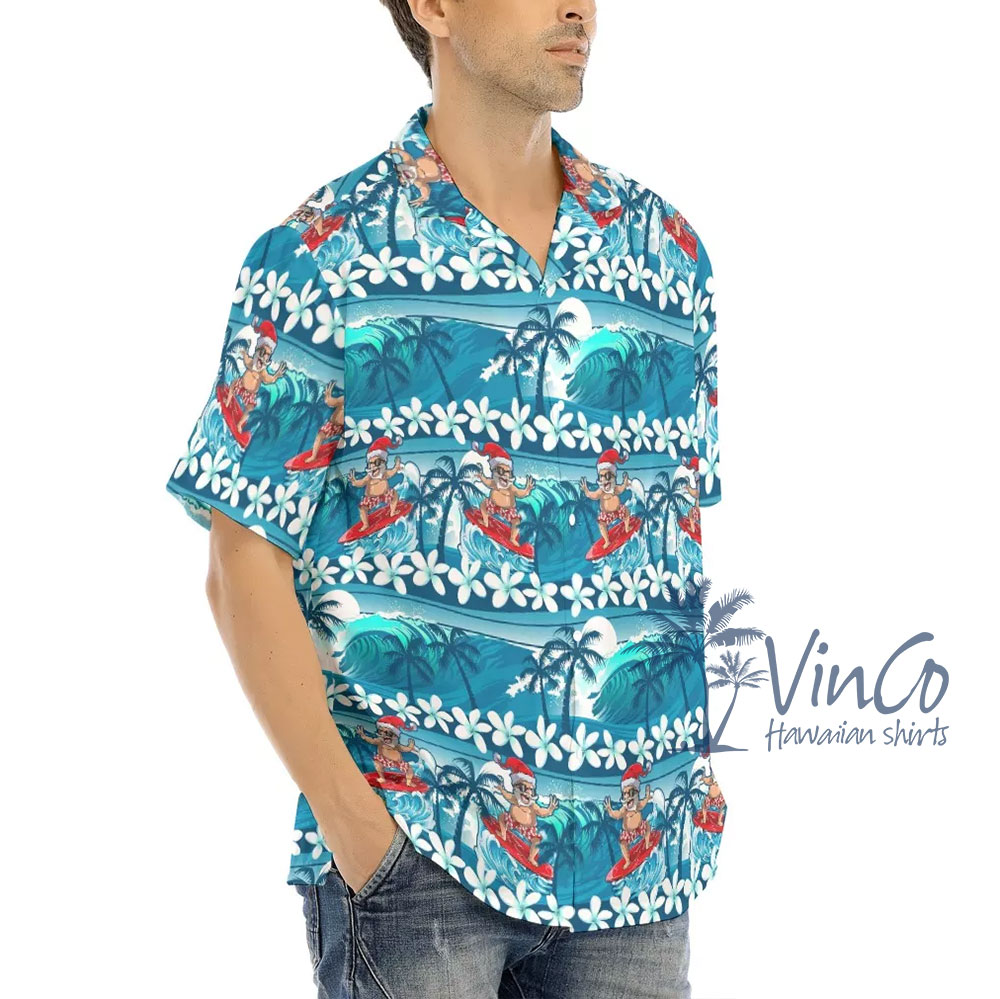 Santa Surfing Wave Blue Hawaiian Shirt For Men