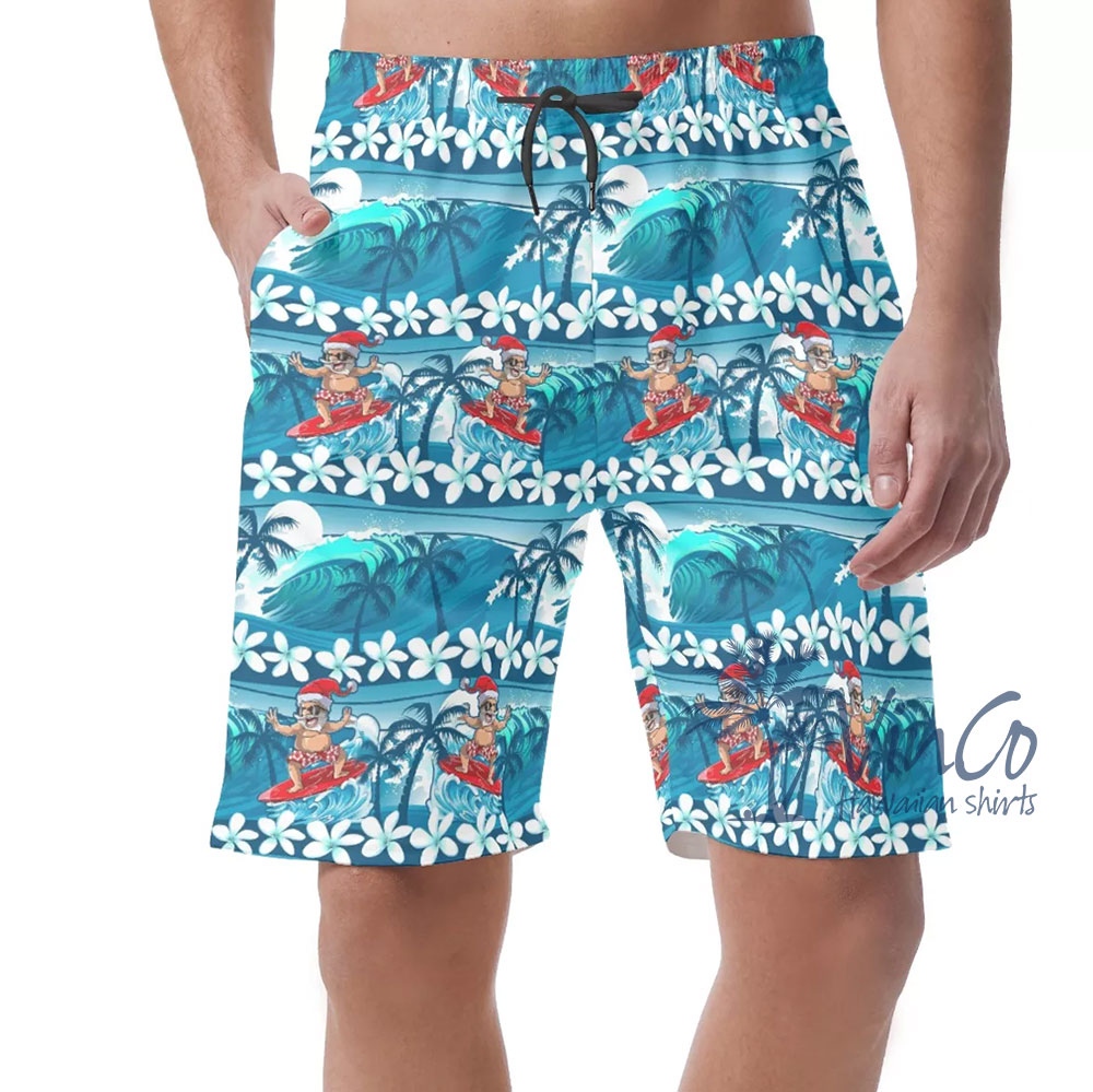 Santa Surfing Wave Blue Hawaiian Shirt For Men - variant image 1