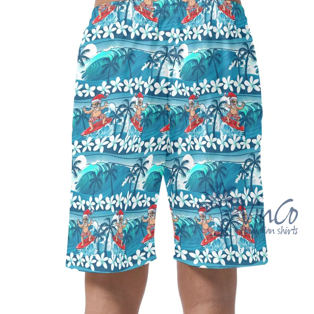 Santa Surfing Wave Blue Hawaiian Shirt For Men