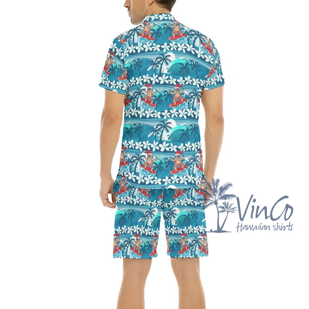 Santa Surfing Wave Blue Hawaiian Shirt For Men