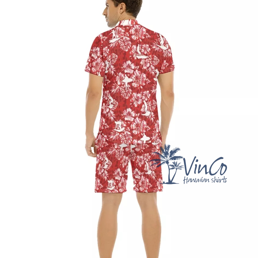 Red Surfing Aloha Shirt Set For Men