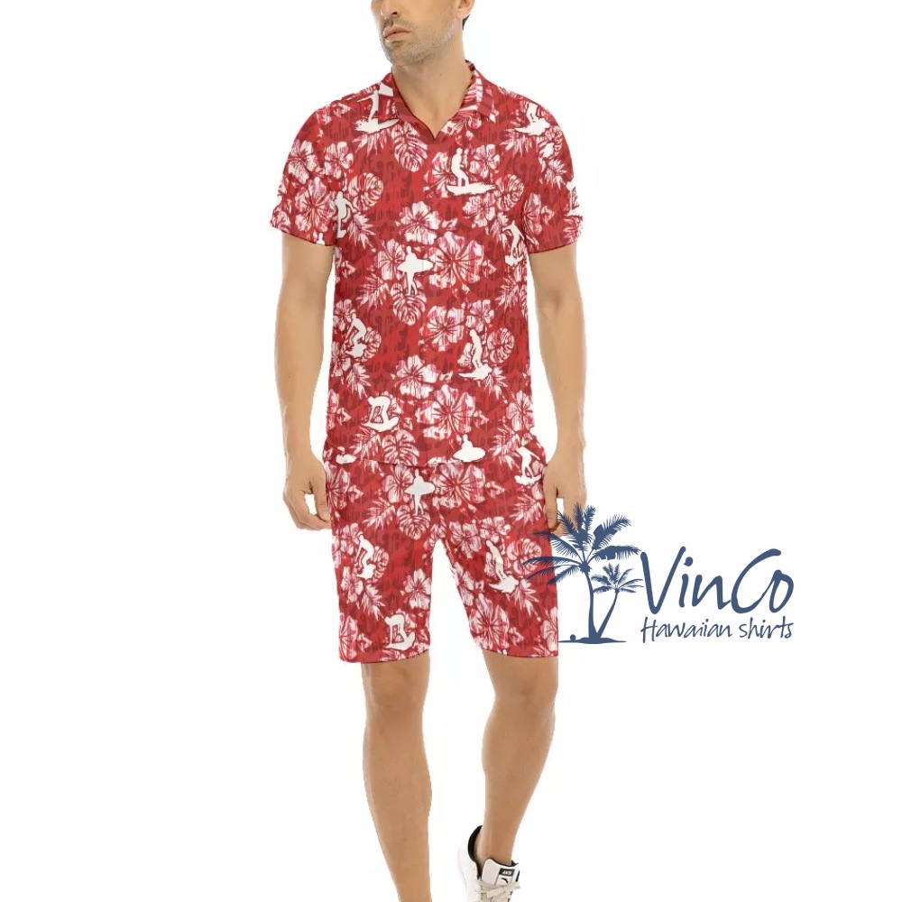 Red Surfing Aloha Shirt Set For Men